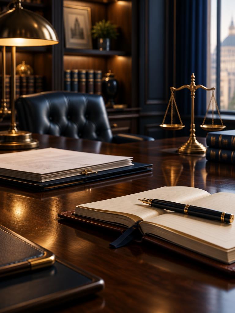 مكتب استشارات قانونية مع مستندات ودفتر وقلم